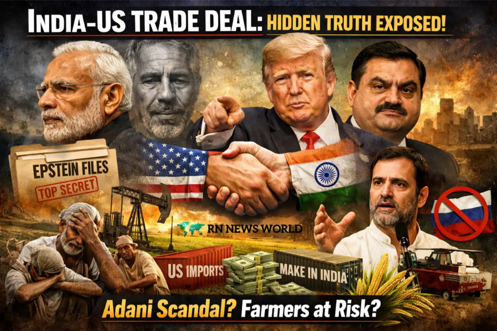 India US trade deal controversy involving Modi, Trump, Adani case, farmers impact and Epstein files.